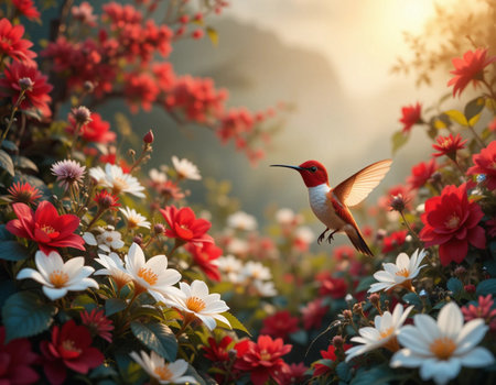 Hummingbird and flowers in the garden at sunset,nature backgroundの素材