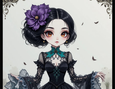 Portrait of a beautiful girl in a black dress with purple flowersの素材