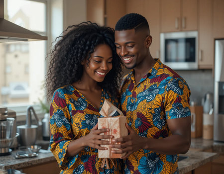 Happy african american couple holding gift box in kitchen at homeの素材