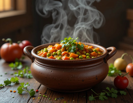Vegetable stew with carrots, peas and parsley in clay potの素材
