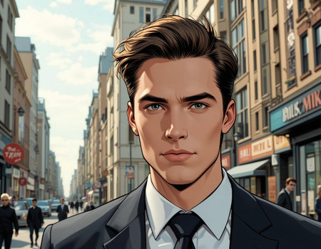 Portrait of a handsome young man in the city. 3D rendering.の素材
