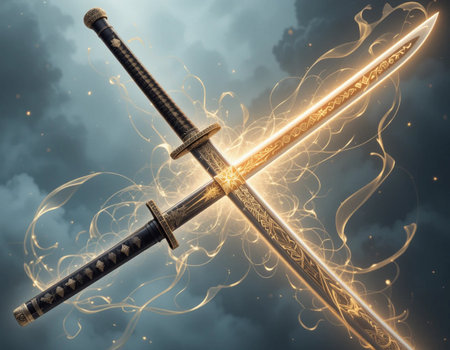 Crossed swords with fire and smoke over cloudy sky background. 3d illustrationの素材