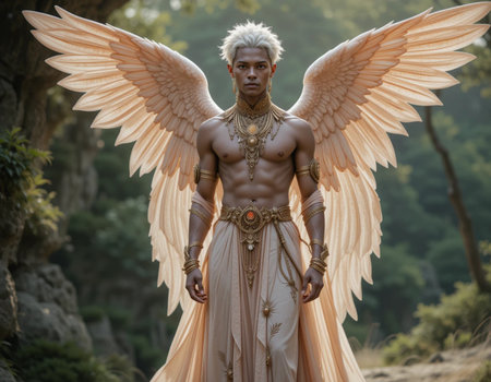 Portrait of a man with angel wings. Fantasy and fantasy.の素材