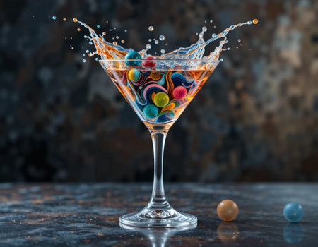 Cocktail in martini glass with splashes and drops on dark backgroundの素材