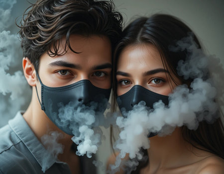 Young couple in medical masks with smoke on gray background, closeupの素材