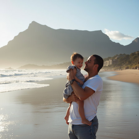 Father and son playing on the beach at sunset. Concept of friendly family.の素材