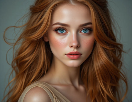 Portrait of a beautiful young woman with red hair and blue eyesの素材