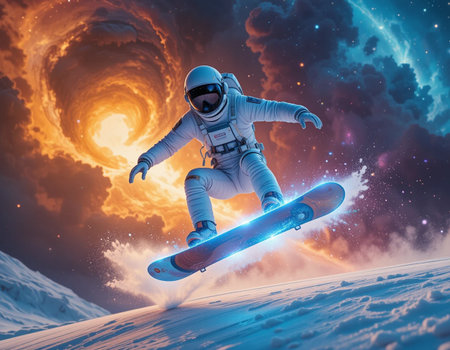 Snowboarder in helmet riding on snowboard. 3d renderingの素材