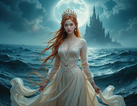 Redhead girl in a long white dress with a crown on the background of the castleの素材