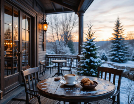 Coffee cup and cookies on a wooden table on the background of a beautiful winter landscape.の素材