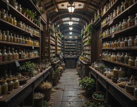 Vintage wooden shelves with different kinds of spices and herbs in a spice shopの素材