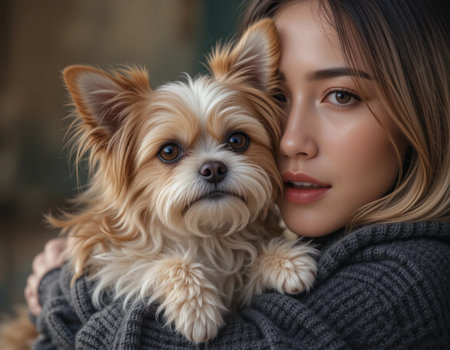 Portrait of a beautiful young woman with a dog in her armsの素材