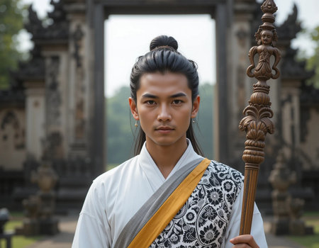 Portrait of a young Asian woman in traditional dress standing in front of the temple gateの素材