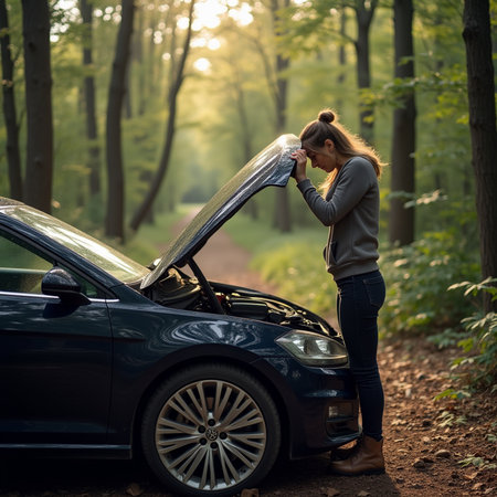 Young woman trying to fix her broken car on a forest road.の素材