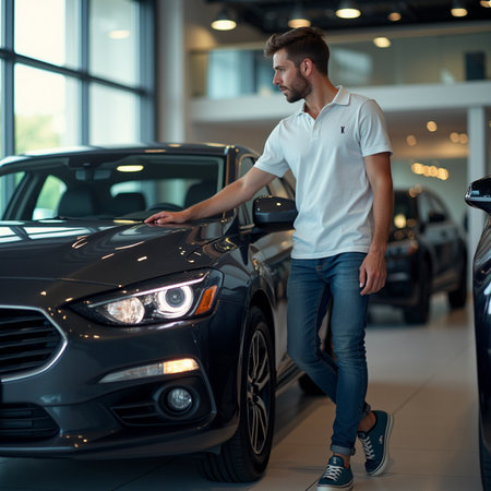 Handsome young man choosing a new car in auto showroomの素材