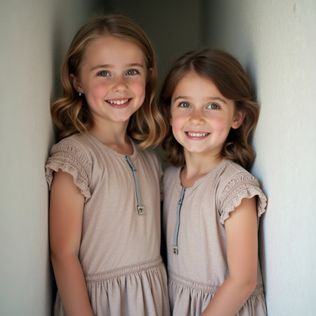 Portrait of two little girls smiling at camera while leaning against wallの素材