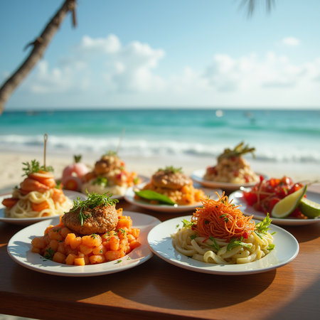 Seafood appetizer set on the beach. Toned.の素材