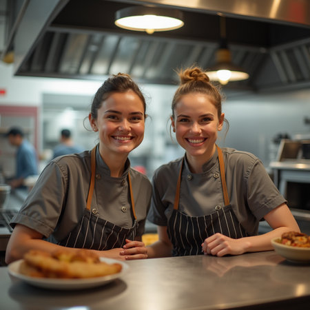 Two young women working in a restaurant kitchen, they are happy and smilingの素材