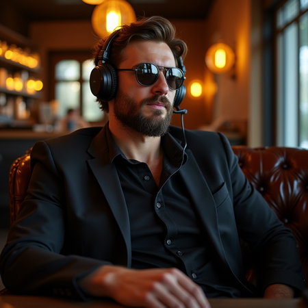 Portrait of a handsome young man listening to music with headphones in a cafe.の素材