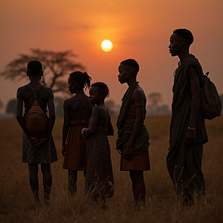 Masai warriors at sunset in Masai Mara National Park, Kenyaの素材