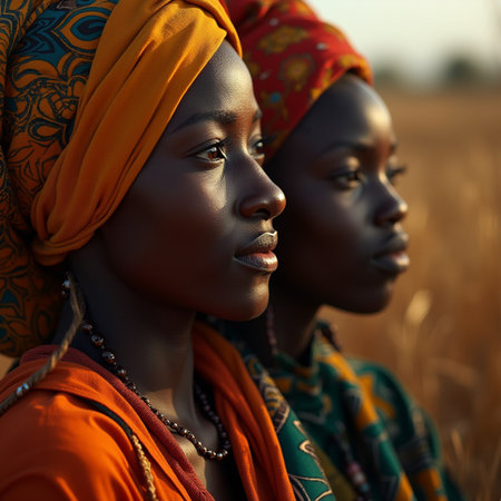 Portrait of two beautiful African women in traditional clothes standing in fieldの素材