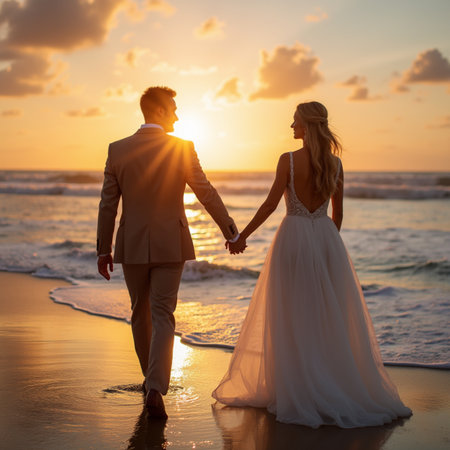Wedding couple holding hands and walking on beach at beautiful sunsetの素材