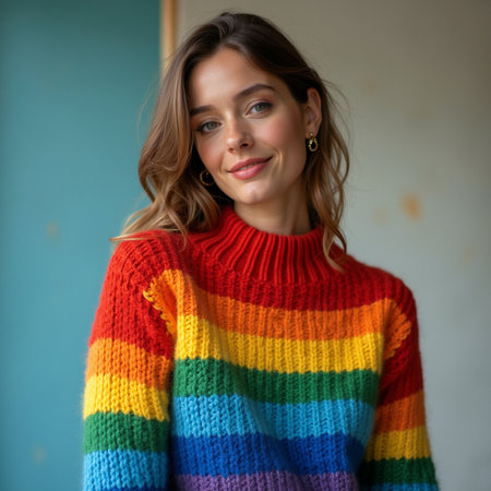 Portrait of a beautiful young woman in a colorful knitted sweaterの素材