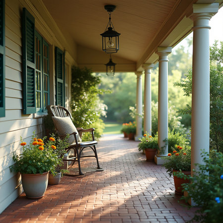 Outdoor patio with a view of the porch of the house.の素材