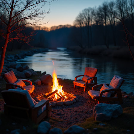 Camping on the bank of the river at dawn. Wooden chairs by the fire.の素材
