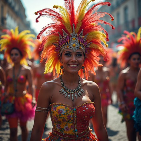 Unidentified Carnival dancer on the parade on Warsaw Multicultural Street Parade in Warsaw, Poland.の素材