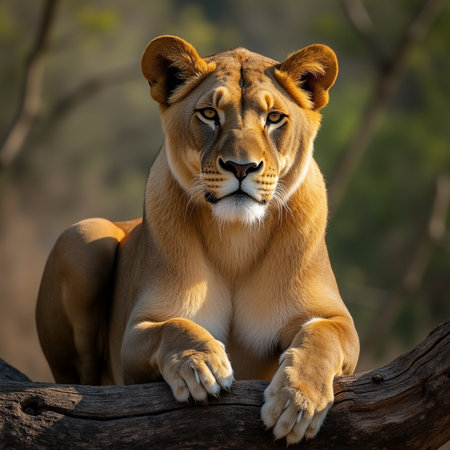 Lioness (Panthera leo) sitting on a branchの素材