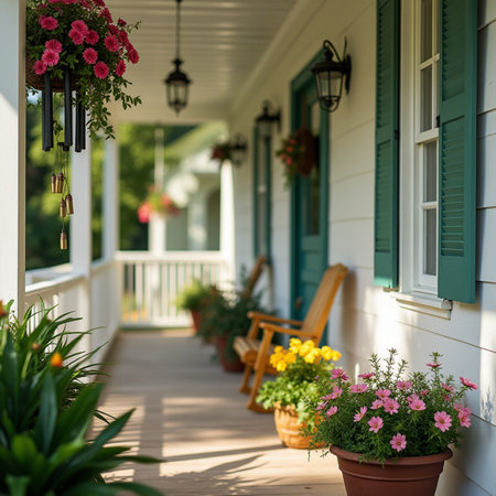 Beautiful flowers in pots on the porch of a house in summerの素材