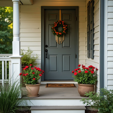 Front porch of a house decorated with a wreath of red flowersの素材