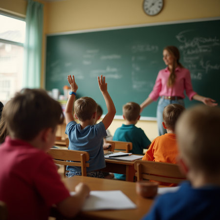 Back view of schoolchildren raising hands while sitting at desks in classroomの素材