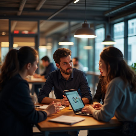 Group of young business people discussing business plan at modern startup office building.の素材