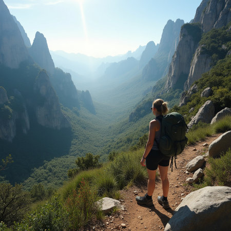 woman hiker on a trail in the mountains of Catalonia, Spainの素材
