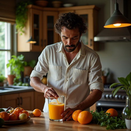 Man preparing fresh orange juice in the kitchen at home. Healthy food concept.の素材