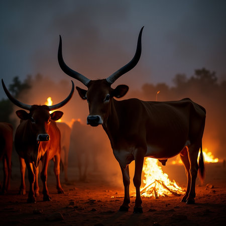Group of cows on a background of a bonfire in the eveningの素材