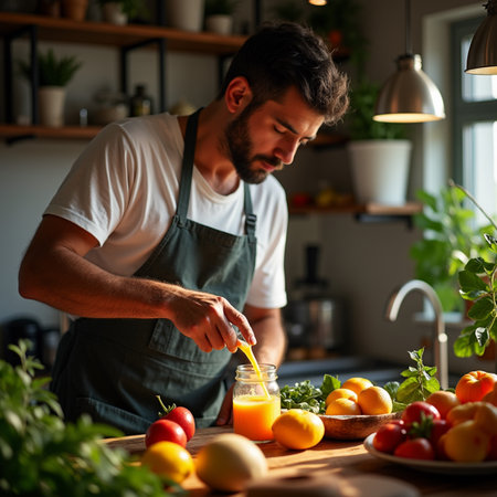 Man in apron preparing fresh vegetable salad in the kitchen at homeの素材