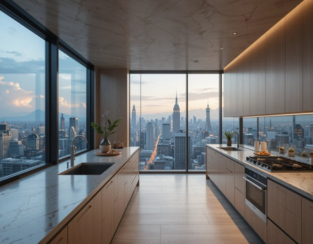 Interior of modern kitchen with panoramic city view. 3D Renderingの素材