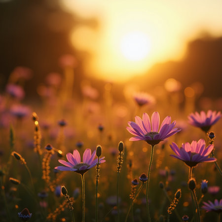 Beautiful daisy flowers in the field at sunset. Nature backgroundの素材