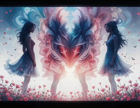 Two beautiful girls in love with hearts and flowers in the background.の素材