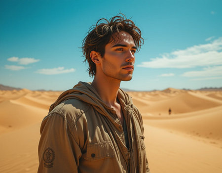 Handsome young man in the middle of the desert. Travel concept.の素材