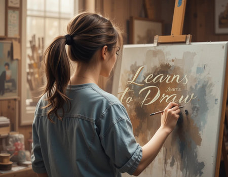 Back view of a young female artist painting on canvas in art studioの素材