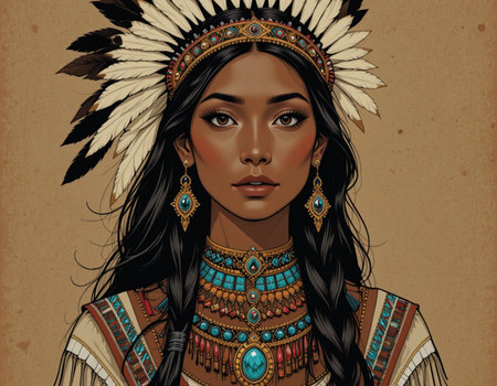 Beautiful african american woman with indian headdress.の素材