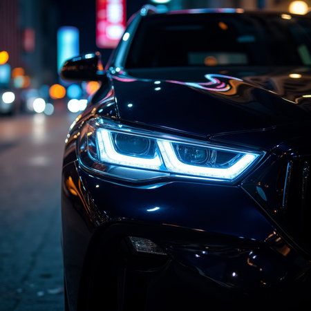Car headlight on the background of the night city. Selective focus.の素材