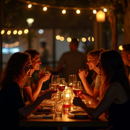 Group of friends having dinner in a restaurant at night, drinking red wineの素材