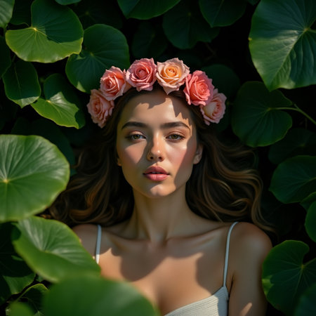 beautiful girl in wreath of flowers looking at camera on green leaves backgroundの素材