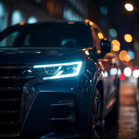Car headlights on the street at night. Selective focus. Shallow depth of fieldの素材
