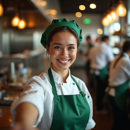 Portrait of a smiling female chef taking a selfie in a restaurantの素材